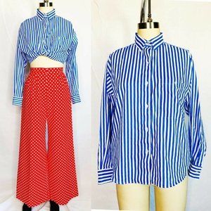 Vintage 80s Collar Button Up Shirt by Oak Hill Size M Medium Blue White Striped